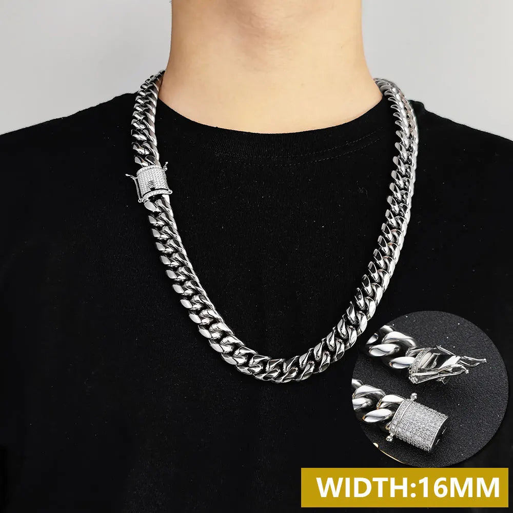 Drop Shipping Hip Hop Three Times Plated Stainless Steel Jewelry Bling Iced Miami Cuban Link Chain Necklace for Men