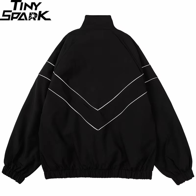 2024 Men Hip Hop Streetwear Reflective Striped Jacket Coat Zipper up Jacket Windbreaker Harajuku Thin Jacket Sports Black Blue