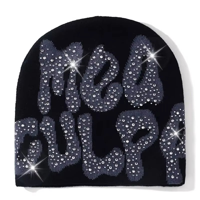 2023 NEW Y2K MEA Culpa Beanies Hat with Rhinestone for Women Men Beanies Hats Hip-Hop Soft Stretch Warm Knitted Slouchy Cap