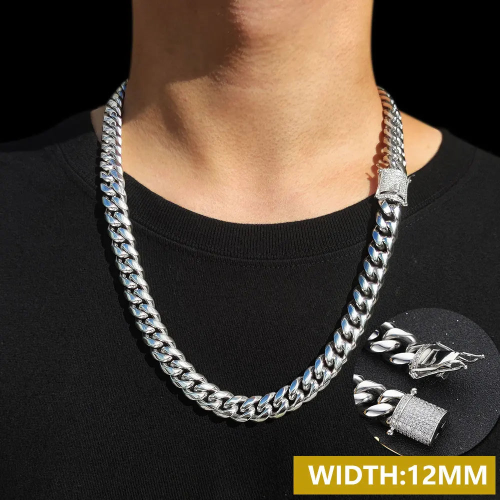 Drop Shipping Hip Hop Three Times Plated Stainless Steel Jewelry Bling Iced Miami Cuban Link Chain Necklace for Men