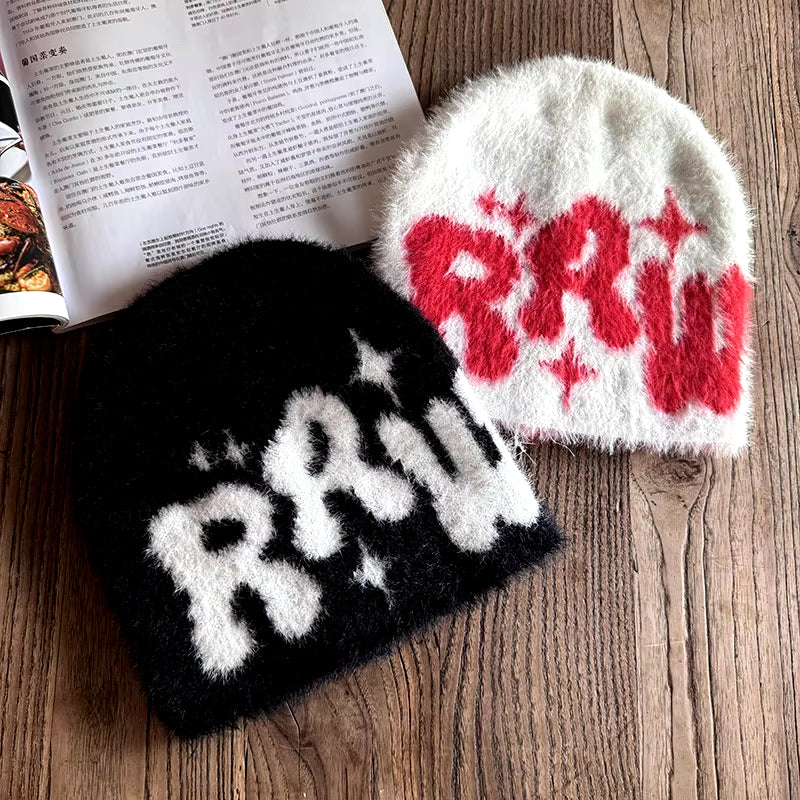 2024 Y2K Letter Cute Cold Beanies Man Fluffy Plush Caps for Men Women Auutmn Winter Edgy Knit Hip Hop Keep Warm Ear Caps Male