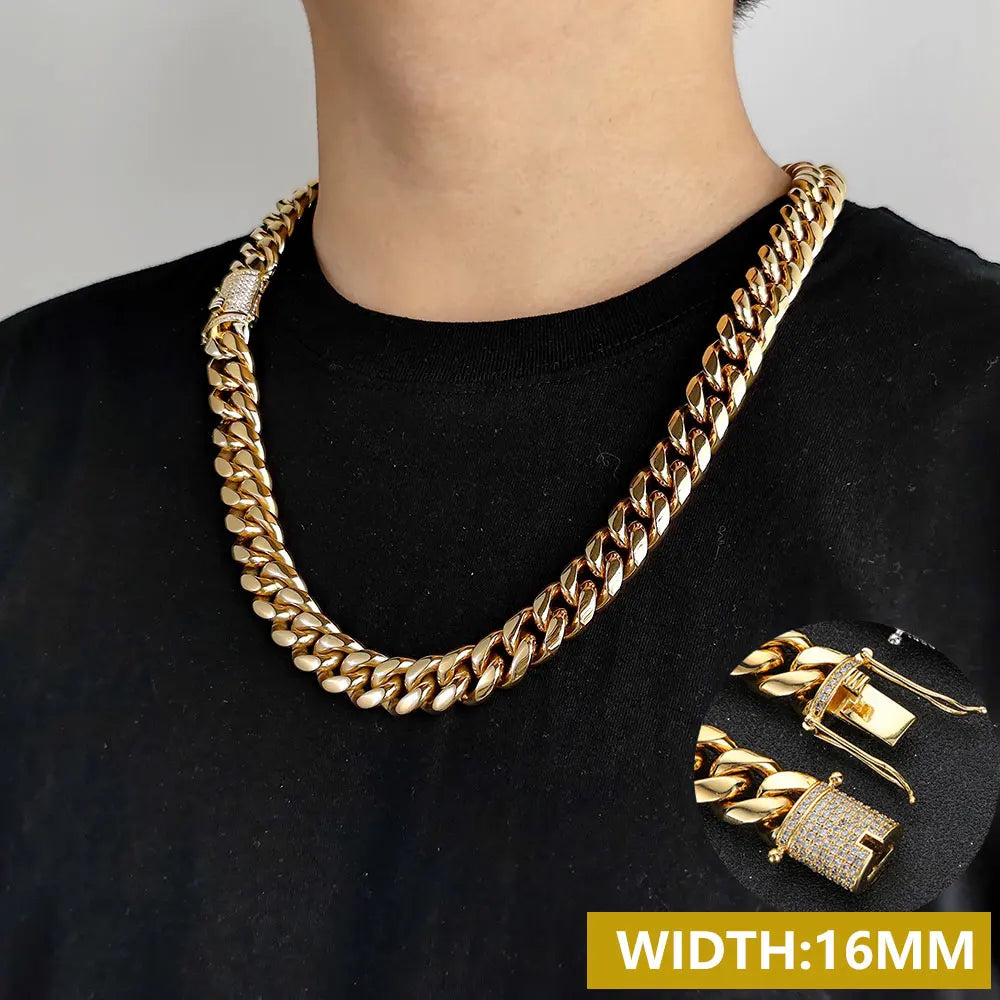 Drop Shipping Hip Hop Three Times Plated Stainless Steel Jewelry Bling Iced Miami Cuban Link Chain Necklace for Men