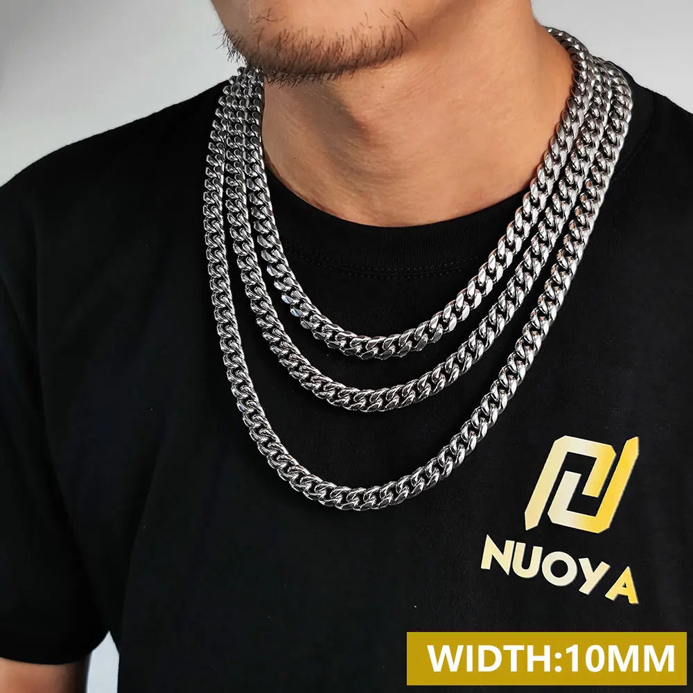 Drop Shipping Hip Hop Three Times Plated Stainless Steel Jewelry Bling Iced Miami Cuban Link Chain Necklace for Men