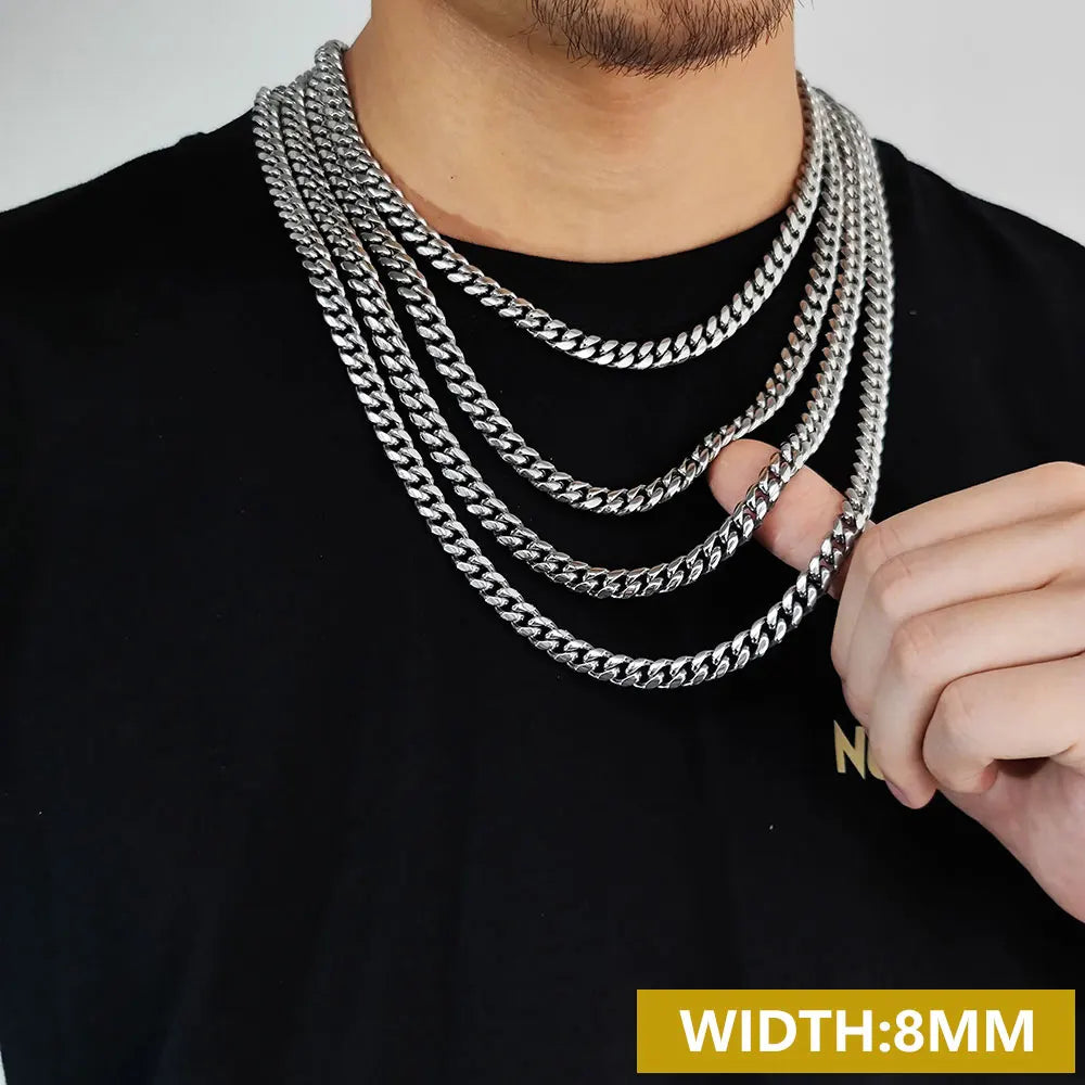 Drop Shipping Hip Hop Three Times Plated Stainless Steel Jewelry Bling Iced Miami Cuban Link Chain Necklace for Men