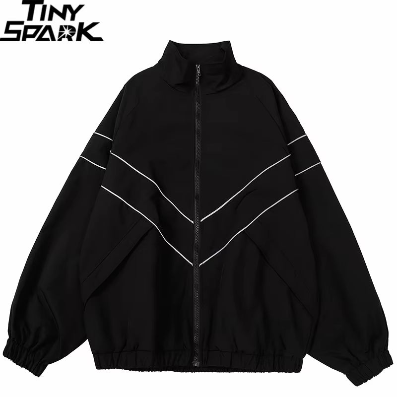 2024 Men Hip Hop Streetwear Reflective Striped Jacket Coat Zipper up Jacket Windbreaker Harajuku Thin Jacket Sports Black Blue