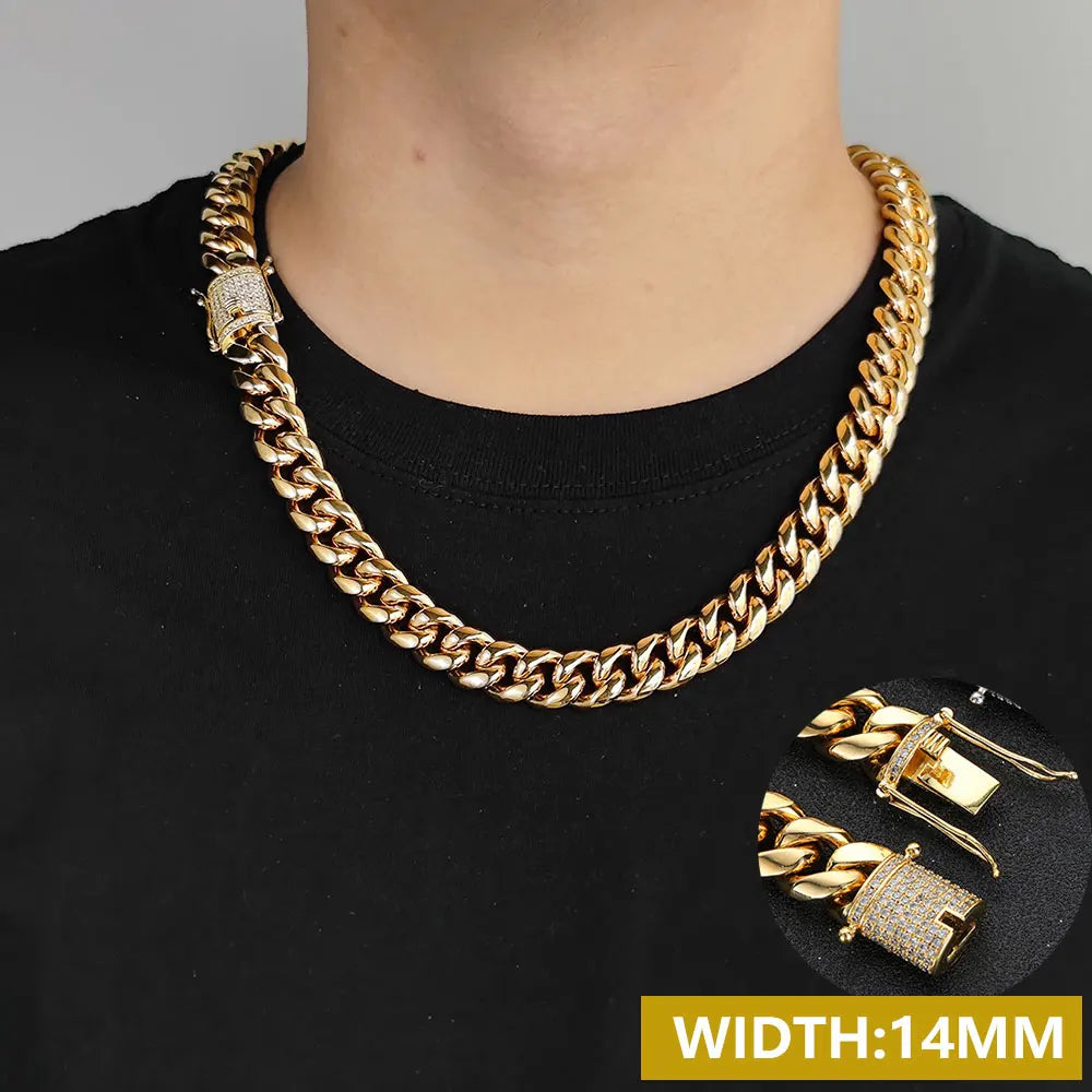 Drop Shipping Hip Hop Three Times Plated Stainless Steel Jewelry Bling Iced Miami Cuban Link Chain Necklace for Men