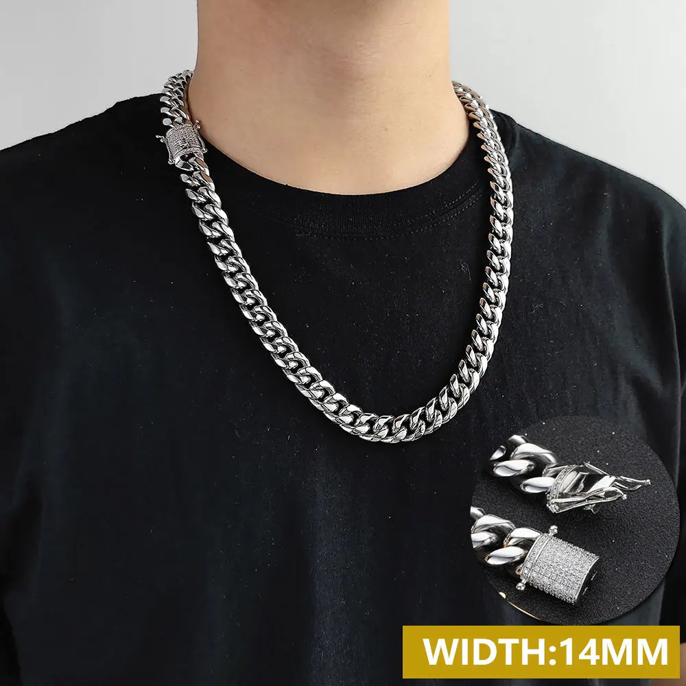 Drop Shipping Hip Hop Three Times Plated Stainless Steel Jewelry Bling Iced Miami Cuban Link Chain Necklace for Men