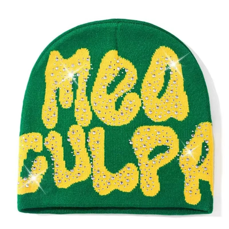 2023 NEW Y2K MEA Culpa Beanies Hat with Rhinestone for Women Men Beanies Hats Hip-Hop Soft Stretch Warm Knitted Slouchy Cap