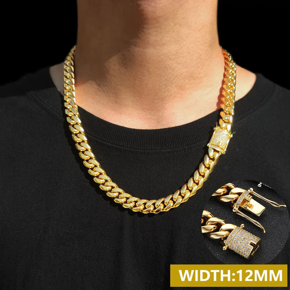 Drop Shipping Hip Hop Three Times Plated Stainless Steel Jewelry Bling Iced Miami Cuban Link Chain Necklace for Men