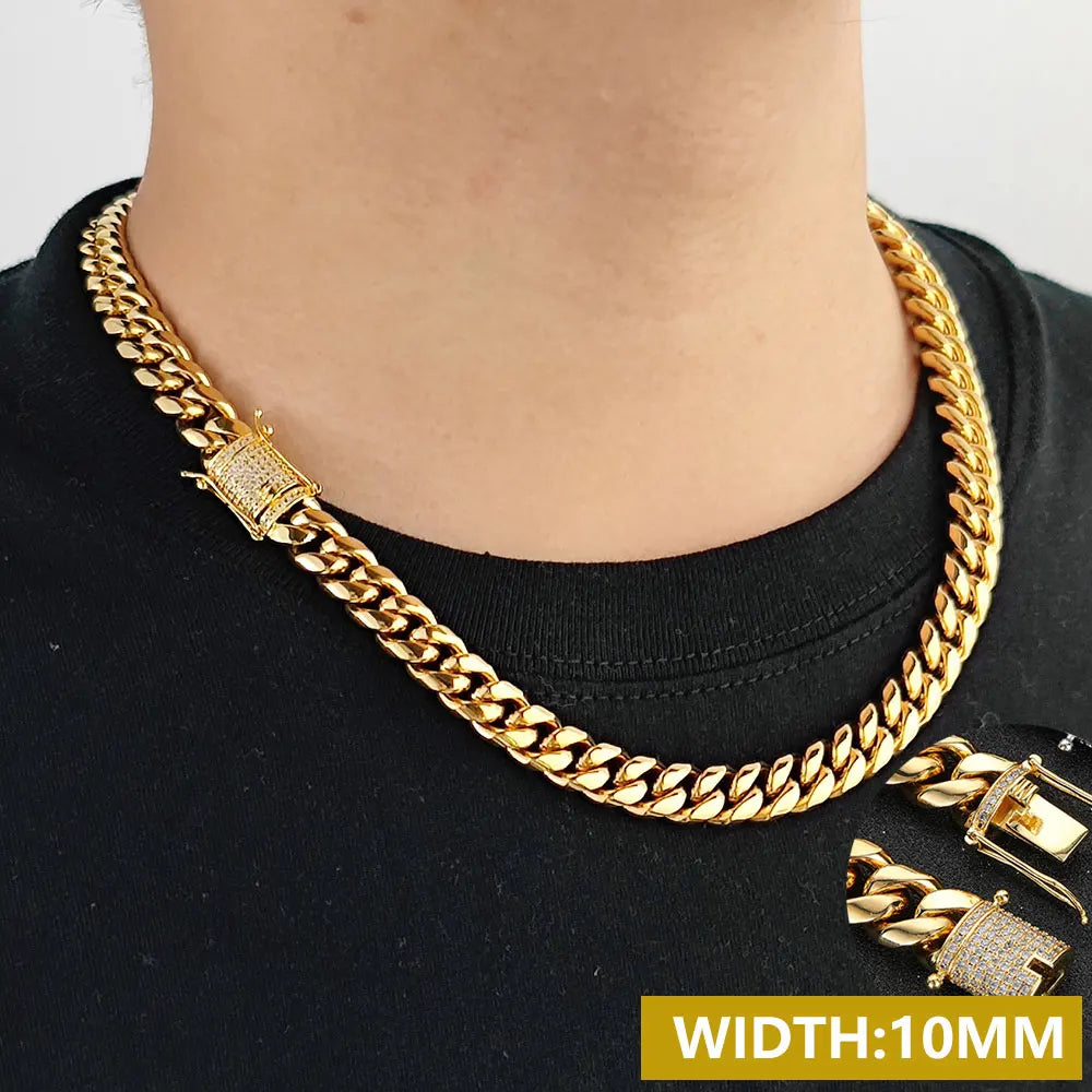 Drop Shipping Hip Hop Three Times Plated Stainless Steel Jewelry Bling Iced Miami Cuban Link Chain Necklace for Men