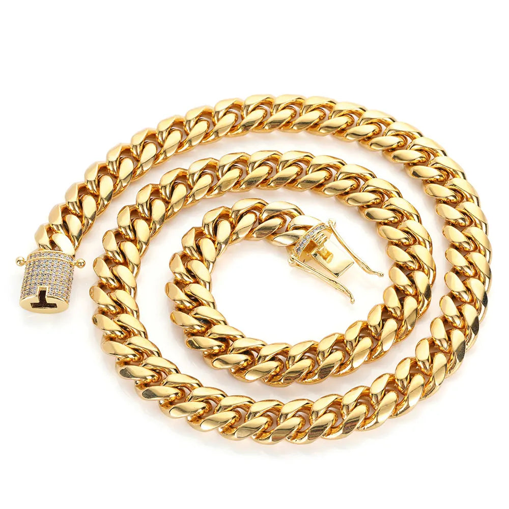 Drop Shipping Hip Hop Three Times Plated Stainless Steel Jewelry Bling Iced Miami Cuban Link Chain Necklace for Men