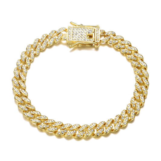 Male 8MM Gold Cuban Chain Bracelet Iced Out Zircon Men Women Jewelry