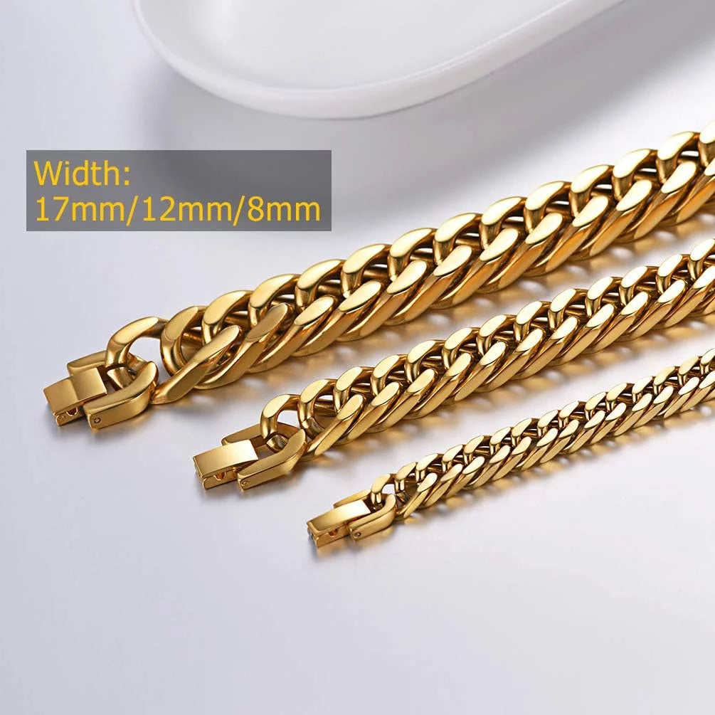 Mens Stainless Steel 17Mm Cuban Chain Bracelets, Hip Pop Chunky Franco Gold Chain Bracelet 7.5" Chains for Boys Son Husband Christmas Birthday Gift